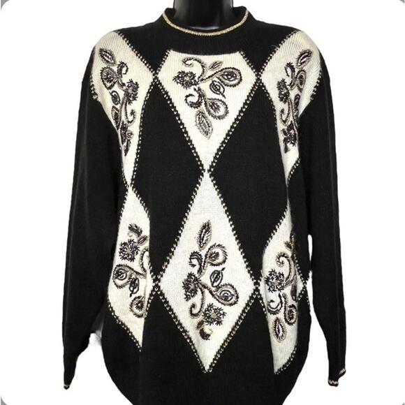 VTG ARGYLE BEADED SWEATER 80s 90s BLACK & CREAM DIAMOND HOLIDAY ALFRED DUNNER 2X - Picture 1 of 4